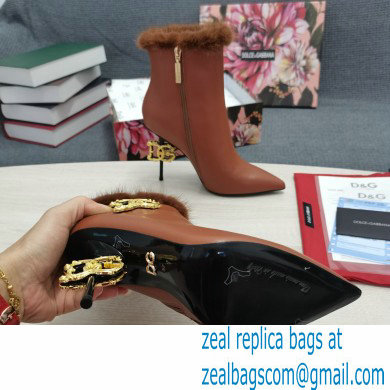 Dolce  &  Gabbana Mink Fur Thin Heel 10.5cm Leather Ankle Boots Brown with Baroque DG Heel 2021